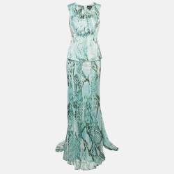 Pre Owned Just Cavalli Green Snakeskin Print Satin Sleeveless Top and Maxi Skirt Set M