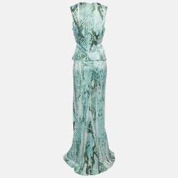 Pre Owned Just Cavalli Green Snakeskin Print Satin Sleeveless Top and Maxi Skirt Set M
