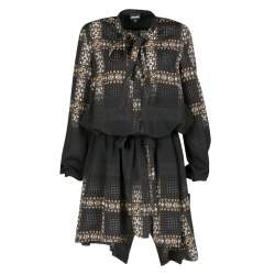 Pre Owned Just Cavalli Black Geometric Print Belted Long Sleeve Dress M