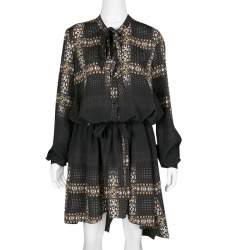 Pre Owned Just Cavalli Black Geometric Print Belted Long Sleeve Dress M