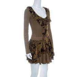 Pre Owned Just Cavalli Brown Knit Burnout Velvet Flounce Detail Top and Skirt Set M