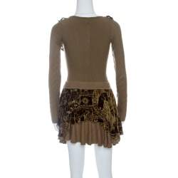 Pre Owned Just Cavalli Brown Knit Burnout Velvet Flounce Detail Top and Skirt Set M