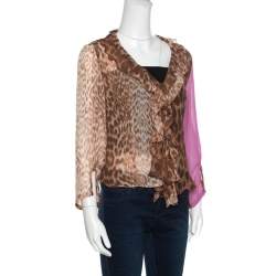 Pre Owned Just Cavalli Leopard Printed Sheer Criss Cross Tie Up Detail Ruffled Blouse M