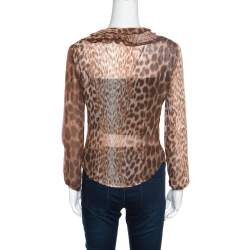 Pre Owned Just Cavalli Leopard Printed Sheer Criss Cross Tie Up Detail Ruffled Blouse M