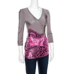 Pre Owned Just Cavalli Grey and Pink Animal Printed Ruched Long Sleeve Top S