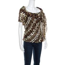 Pre Owned Just Cavalli Dark Brown Leopard Print Silk Draped Cowl Neck Top S