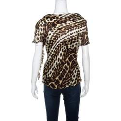 Pre Owned Just Cavalli Dark Brown Leopard Print Silk Draped Cowl Neck Top S