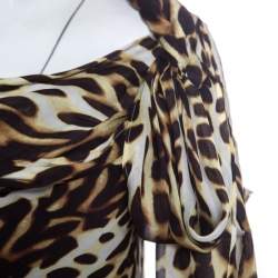Pre Owned Just Cavalli Dark Brown Leopard Print Silk Draped Cowl Neck Top S