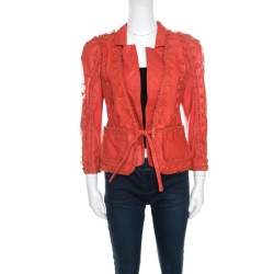 Pre Owned Just Cavalli Red Floral Appliqued Leather Jacket M