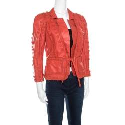 Pre Owned Just Cavalli Red Floral Appliqued Leather Jacket M