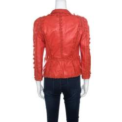 Pre Owned Just Cavalli Red Floral Appliqued Leather Jacket M