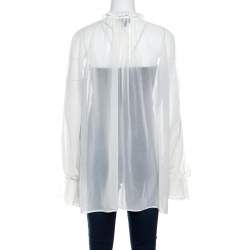 Just Cavalli White Crepe Ruffled Cuff Lace Neck Trim Detail Studded Blouse M