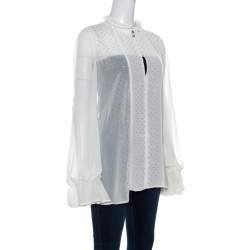 Just Cavalli White Crepe Ruffled Cuff Lace Neck Trim Detail Studded Blouse M
