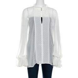 Just Cavalli White Crepe Ruffled Cuff Lace Neck Trim Detail Studded Blouse M
