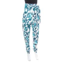 Just Cavalli White and Blue Shell Printed Draped Tie Detail Pants M