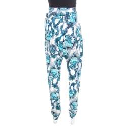Just Cavalli White and Blue Shell Printed Draped Tie Detail Pants M
