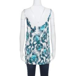 Pre Owned Just Cavalli White and Blue Shell Printed Cowl Neck Sleeveless Top L
