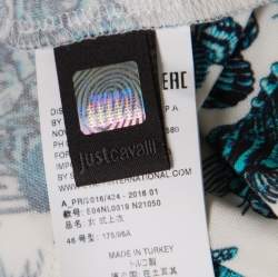 Pre Owned Just Cavalli White and Blue Shell Printed Cowl Neck Sleeveless Top L