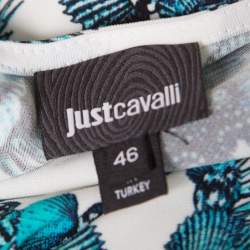 Pre Owned Just Cavalli White and Blue Shell Printed Cowl Neck Sleeveless Top L