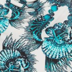 Pre Owned Just Cavalli White and Blue Shell Printed Cowl Neck Sleeveless Top L