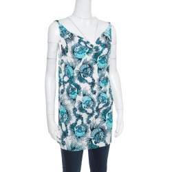 Pre Owned Just Cavalli White and Blue Shell Printed Cowl Neck Sleeveless Top L