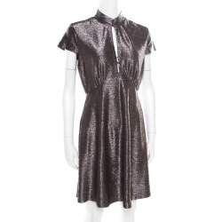 Pre Owned Just Cavalli Silver Textured Short Sleeve Keyhole Detail Dress M
