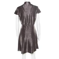 Pre Owned Just Cavalli Silver Textured Short Sleeve Keyhole Detail Dress M