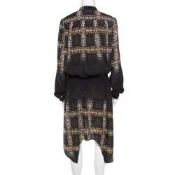 Pre Owned Just Cavalli Black Geometric Print Belted Long Sleeve Dress M