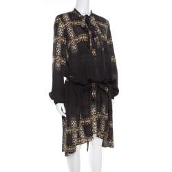 Pre Owned Just Cavalli Black Geometric Print Belted Long Sleeve Dress M