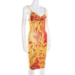 Pre Owned Just Cavalli Red and Yellow Printed Jersey Sleeveless Midi Dress S