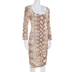 Pre Owned Just Cavalli Brown and Beige Python Scale Printed Jersey Dress XL