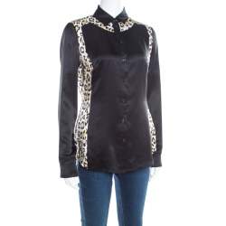 Pre Owned Just Cavalli Black Satin Animal Print Paneled Long Sleeve Shirt M