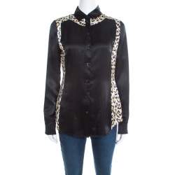 Pre Owned Just Cavalli Black Satin Animal Print Paneled Long Sleeve Shirt M
