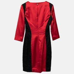 Just Cavalli Dark Red Stretch Satin Contrast Lace Paneled V Neck Sheath Dress S