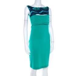 Just Cavalli Green Stretch Knit Snakeskin Print Cut Out Yoke Detail Sleeveless Dress L