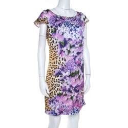 Pre Owned Just Cavalli Multicolor Leopard and Floral Print Cap Sleeve Shift DressM