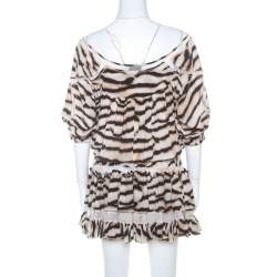 Pre Owned Just Cavalli Tiger Stripe Print Mesh Insert Smocked Waist Dress S