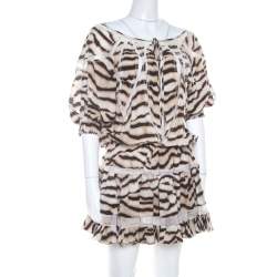 Pre Owned Just Cavalli Tiger Stripe Print Mesh Insert Smocked Waist Dress S
