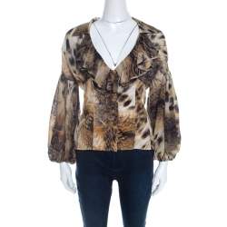 Just Cavalli Brown Leopard Print Chiffon Ruffle Collar Detail Blouse M 