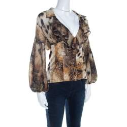 Just Cavalli Brown Leopard Print Chiffon Ruffle Collar Detail Blouse M 