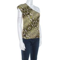 Pre Owned Just Cavalli Green Cotton Animal Print One Shoulder Top M