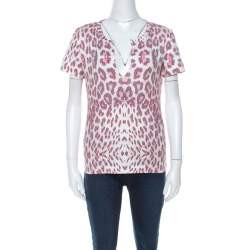 مملوكة مسبقًا Just Cavalli Multicolor Leopard Print Slit Neck T-Shirt S