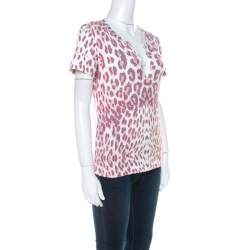مملوكة مسبقًا Just Cavalli Multicolor Leopard Print Slit Neck T-Shirt S