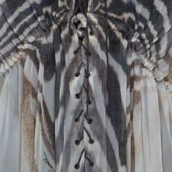 Pre Owned Just Cavalli Cream and Grey Tiger Printed Silk Tie Front Sheer Dress L 