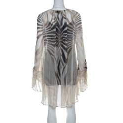 Pre Owned Just Cavalli Cream and Grey Tiger Printed Silk Tie Front Sheer Dress L 