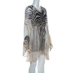 Pre Owned Just Cavalli Cream and Grey Tiger Printed Silk Tie Front Sheer Dress L 