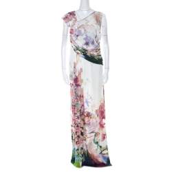 Pre Owned Just Cavalli Multicolor Floral Print Jersey Draped Maxi Dress L