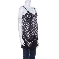 Pre Owned Just Cavalli Black & White Chevron Print Lace Trim Long Camisole Top S
