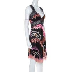 Pre Owned Just Cavalli Black Orchid Print Stretch Lace Trimmed Cross Back Dress M
