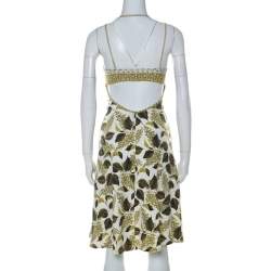 Pre Owned Just Cavalli Green Leaf Printed Cotton Jersey Flared Dress S